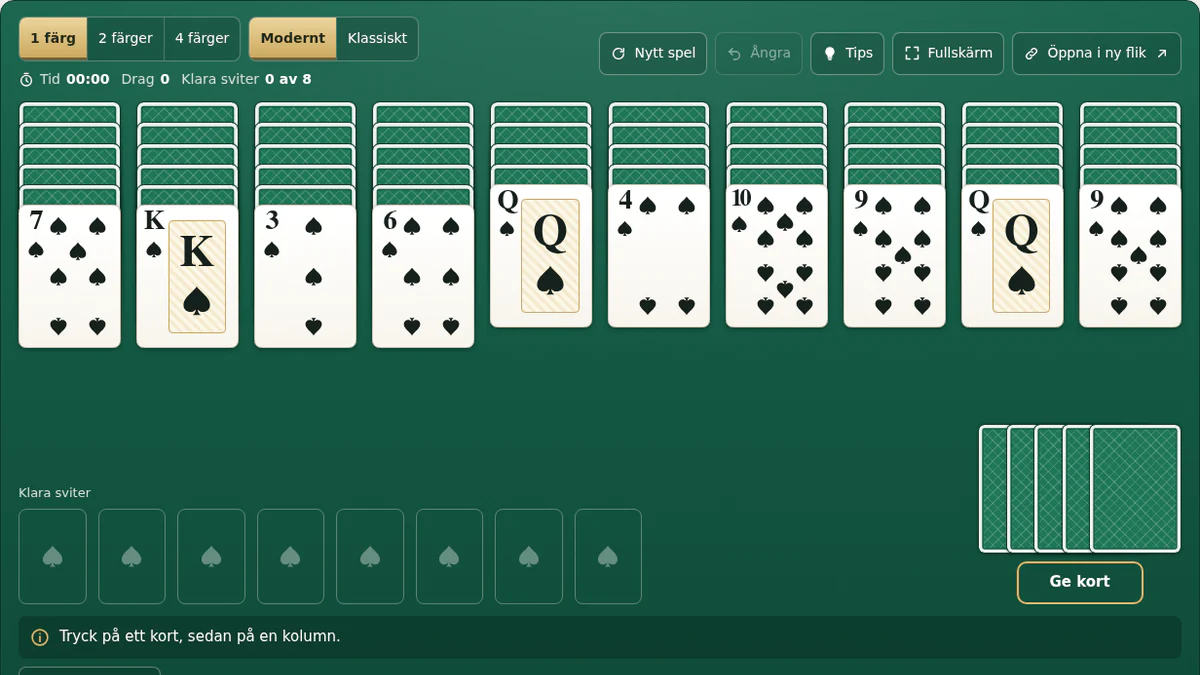 Spindelharpan gratis öppen i webbläsaren på en datorskärm, med tio kolumner på grön spelduk